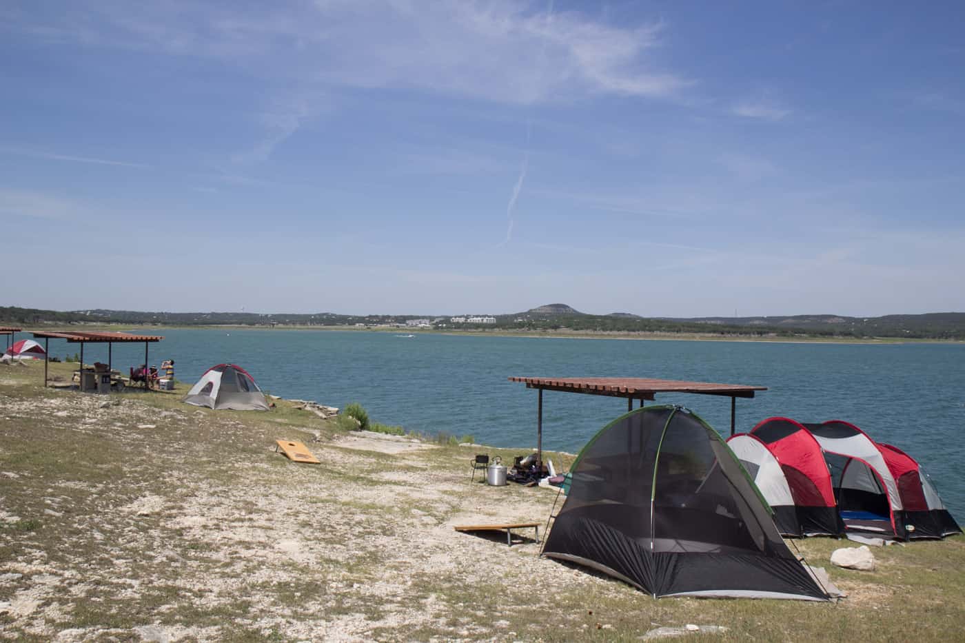 Canyon Lake Tents and shade shelters along the Canyon Lake shoreline