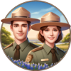 Illustration of a male and female park ranger in uniforms, standing in a natural setting with bluebonnet flowers in the foreground and a landscape with trees and a river in the background.